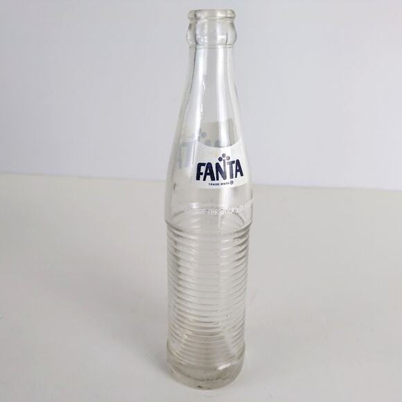 Vintage 1970s Fanta 10oz Ribbed Glass Soda Bottle Coca-Cola Navy & White ACL - Picture 3 of 7